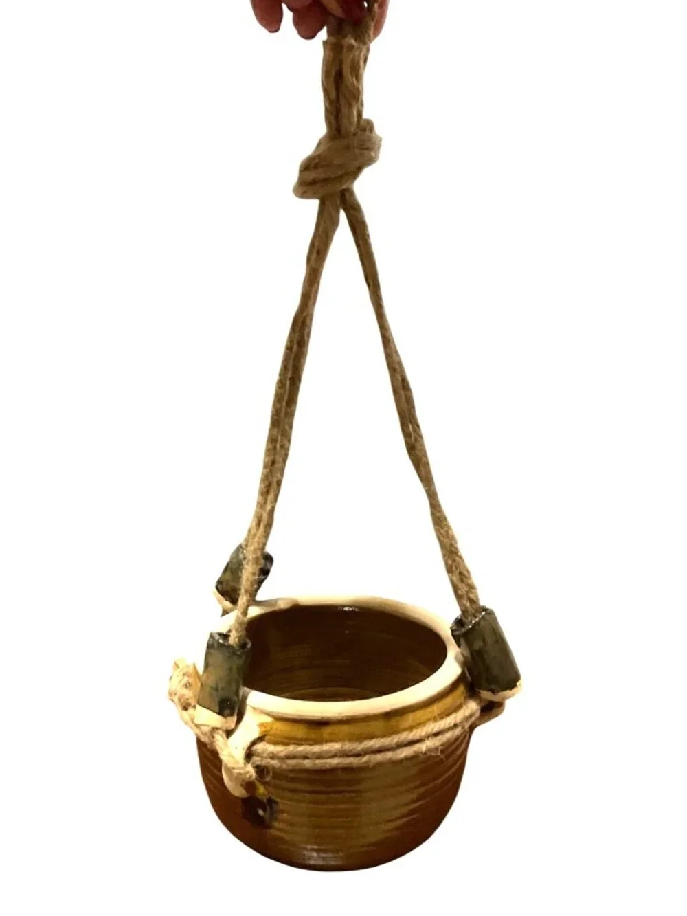 Studio Pottery Ceramic Hanging Planter Rope Accents For Indoor/Outdoor Plants